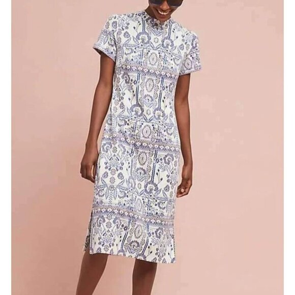 Anthropologie Dress Large Petite Blue Short Sleeve Midi Mock Neck Stretch Knit - Picture 1 of 7